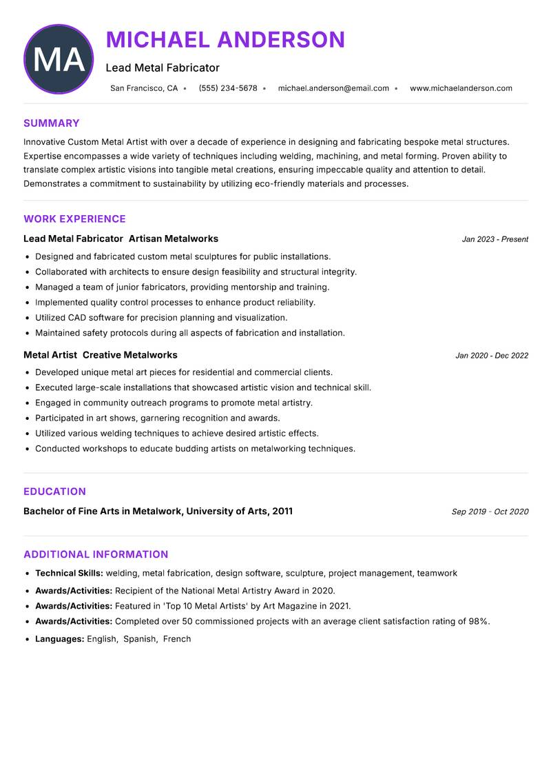 Custom Metal Artist resume example