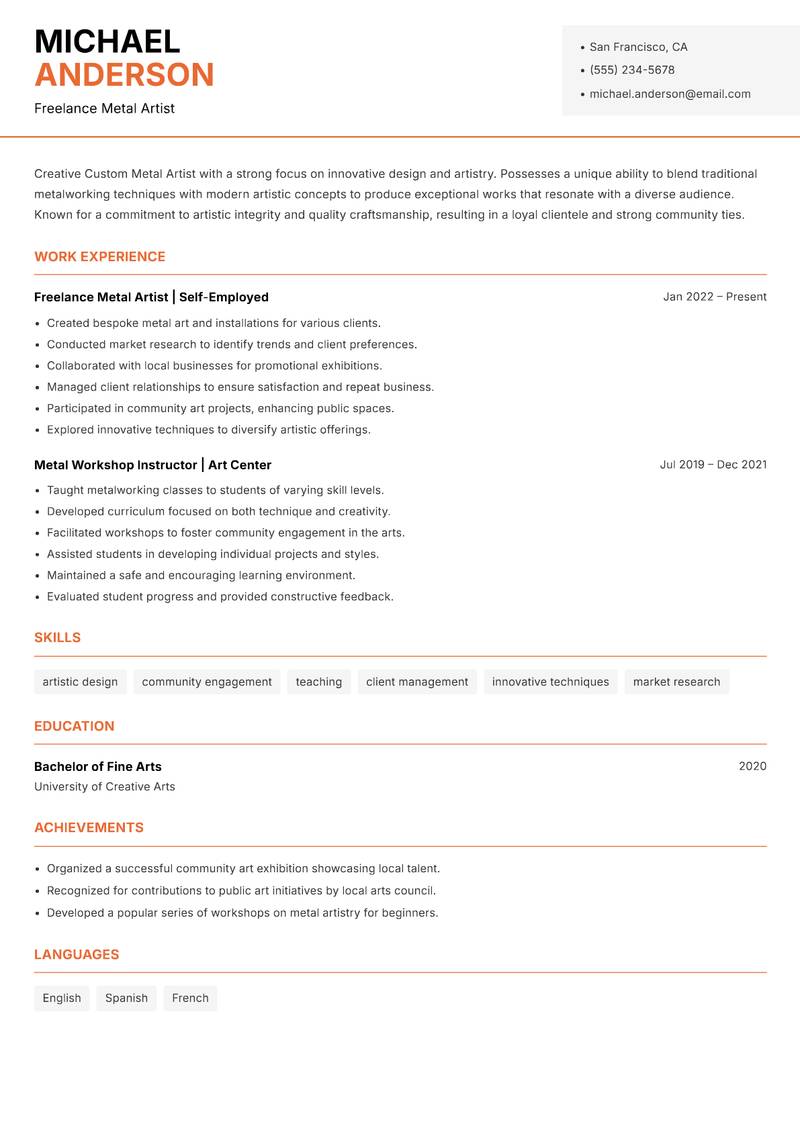 Custom Metal Artist resume sample — Freelance Metal Artist focus
