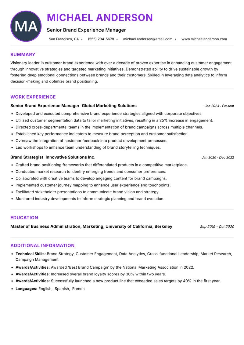 Customer Brand Experience Lead resume example