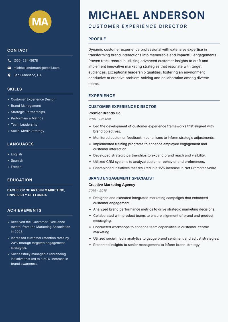 Customer Brand Experience Lead resume sample — Customer Experience Director focus