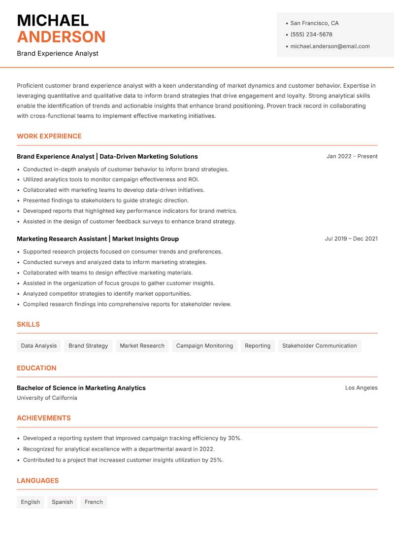 Customer Brand Experience Lead resume sample — Brand Experience Analyst focus