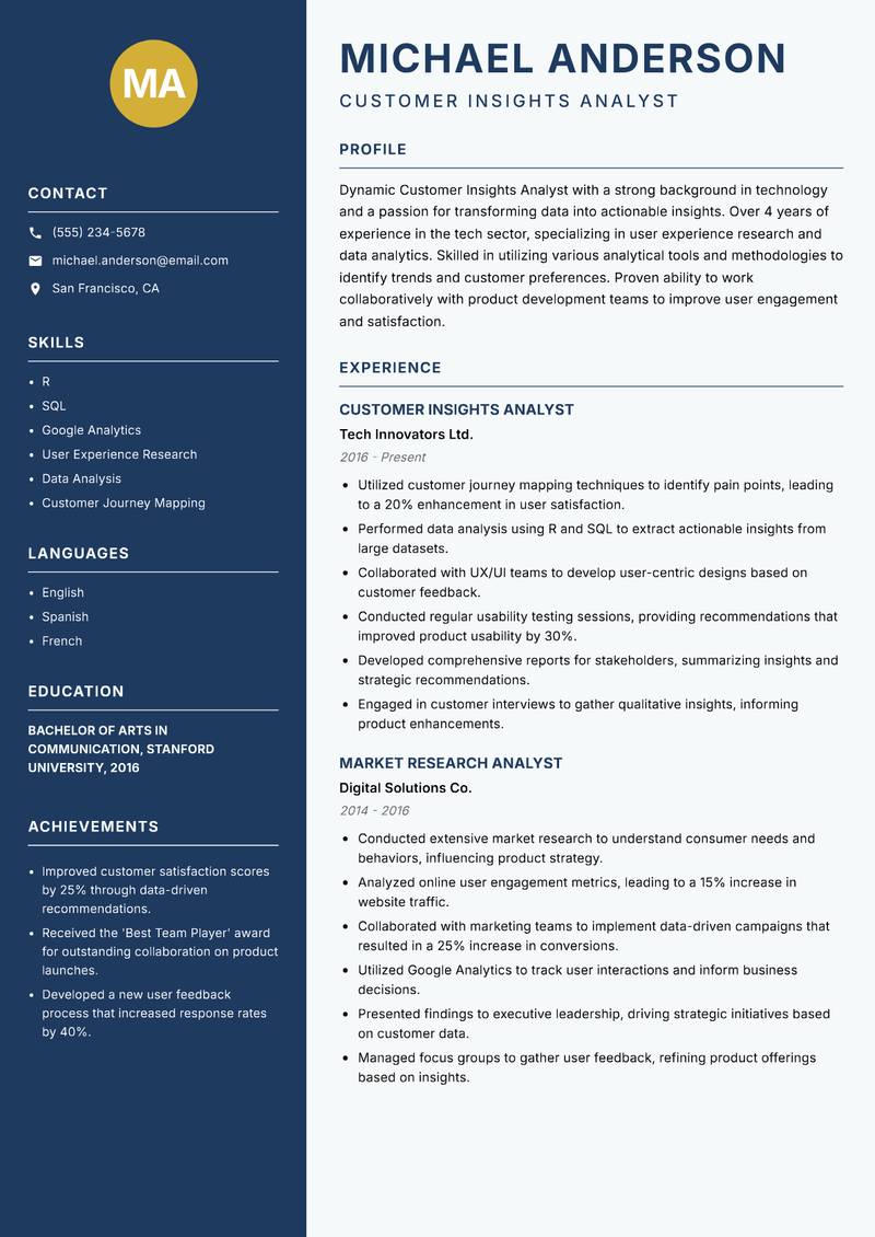 Customer Insights Analyst resume sample — Customer Insights Analyst focus