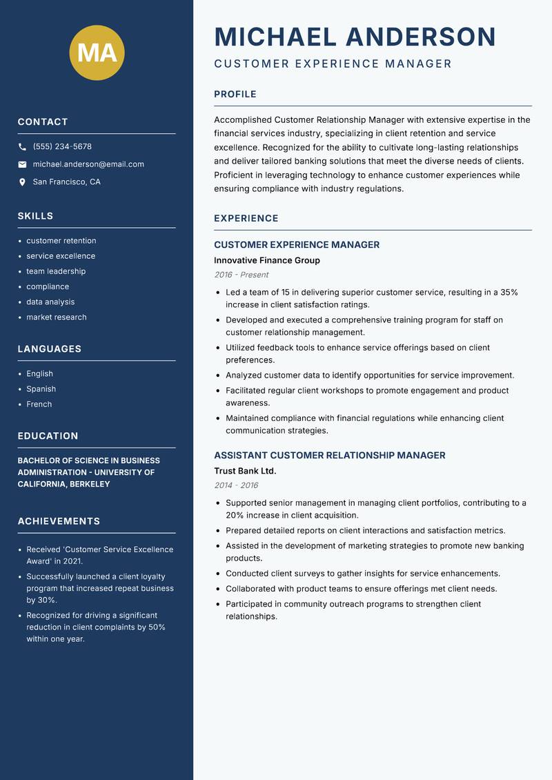 Customer Relationship Manager Banking resume sample — Customer Experience Manager focus