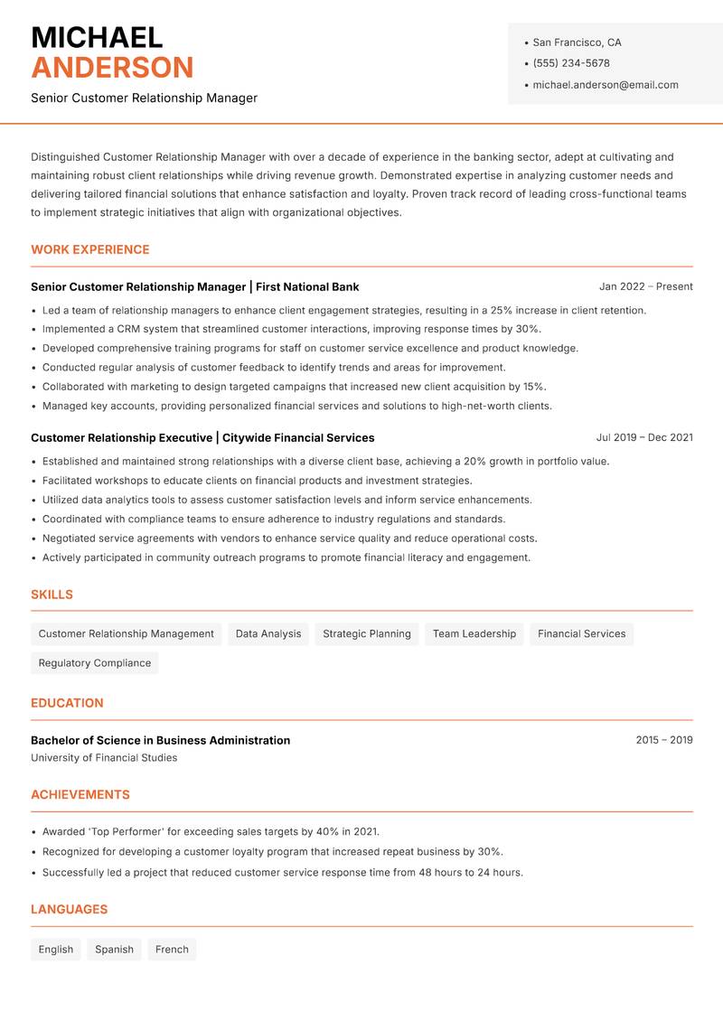 Customer Relationship Manager Banking resume sample — Senior Customer Relationship Manager focus