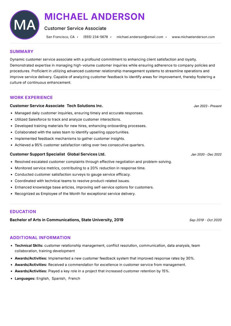 Customer Service Associate resume example