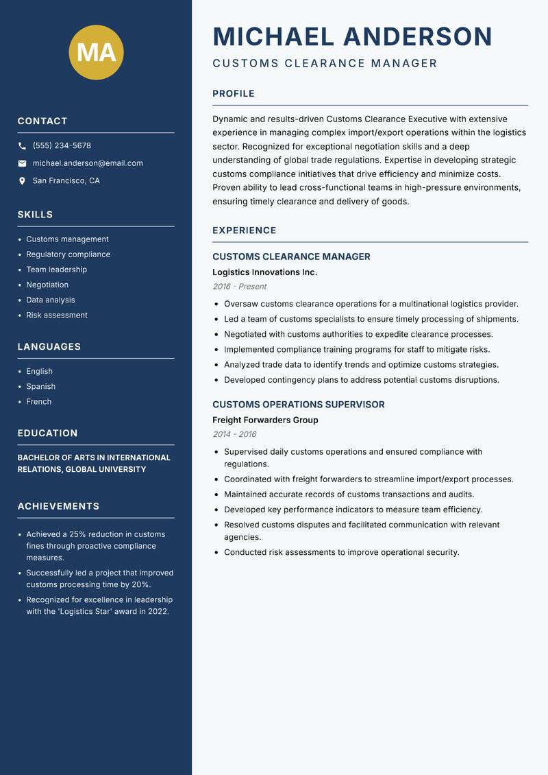Customs Clearance Executive resume sample — Customs Clearance Manager focus