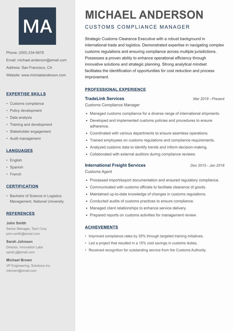 Customs Clearance Executive resume sample — Customs Compliance Manager focus