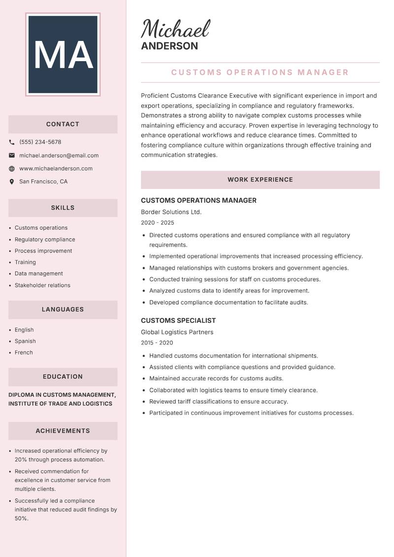 Customs Clearance Executive resume sample — Customs Operations Manager focus