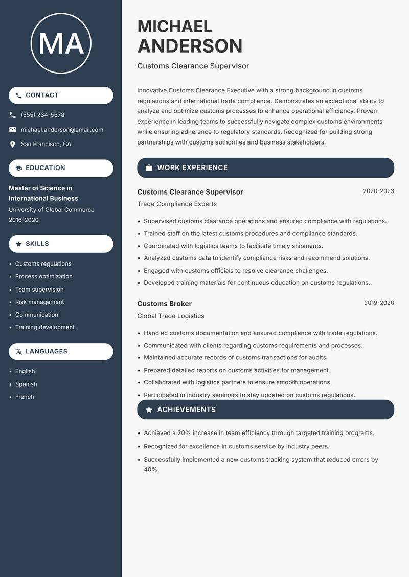 Customs Clearance Executive resume sample — Customs Clearance Supervisor focus