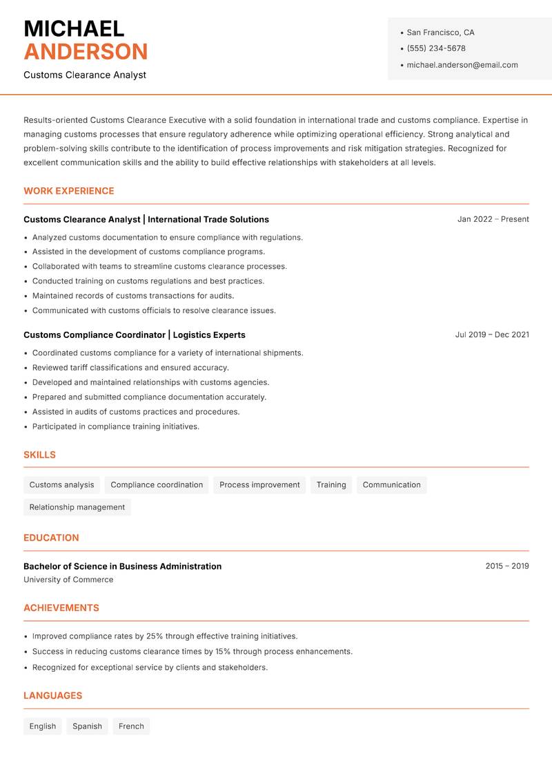 Customs Clearance Executive resume sample — Customs Clearance Analyst focus