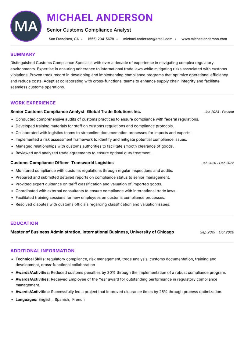 Customs Compliance Specialist resume example