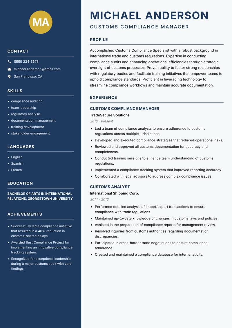 Customs Compliance Specialist resume sample — Customs Compliance Manager focus