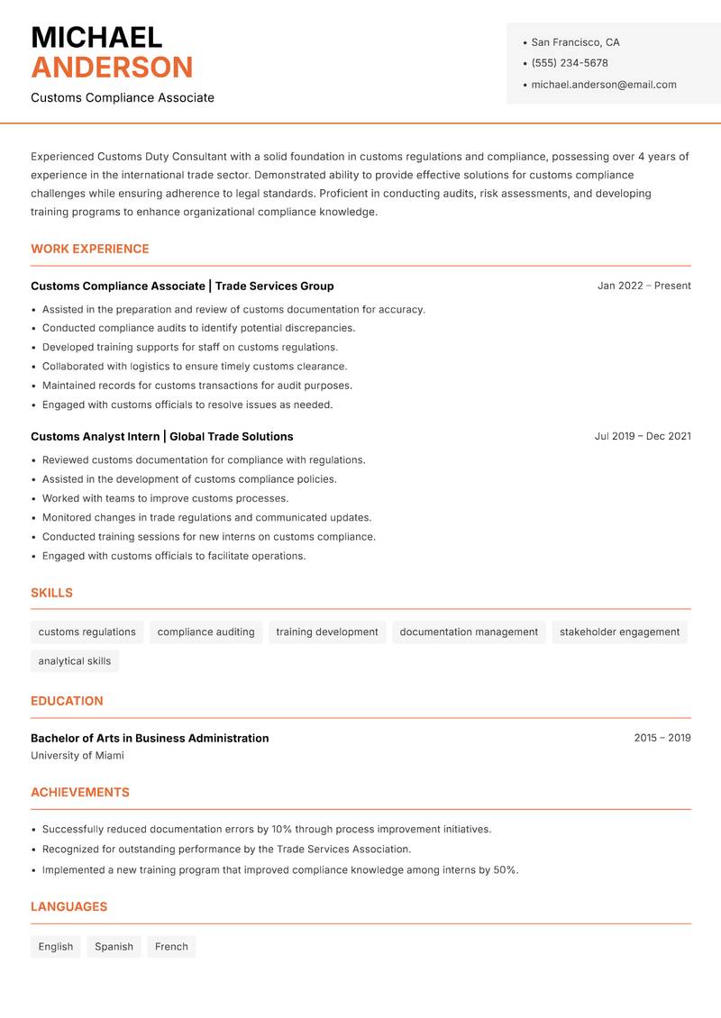 Customs Duty Consultant resume sample — Customs Compliance Associate focus