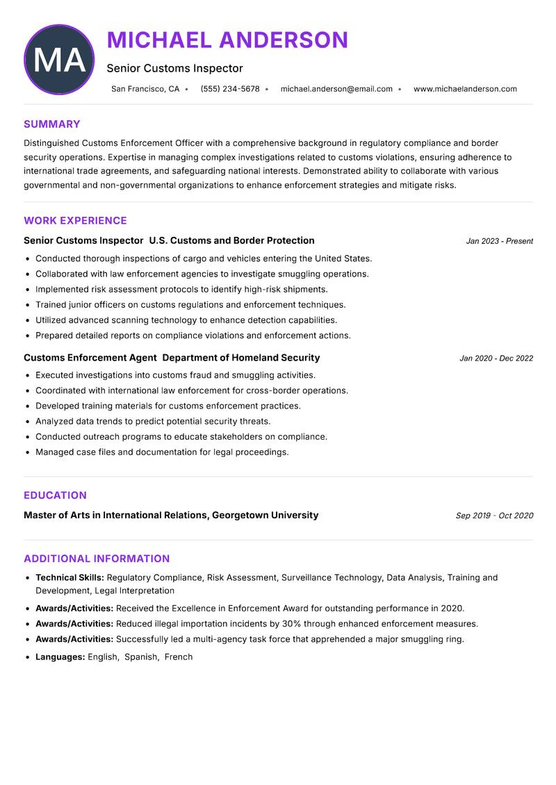 Customs Enforcement Officer resume example