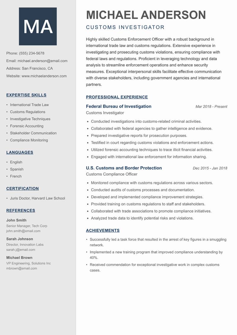 Customs Enforcement Officer resume sample — Customs Investigator focus