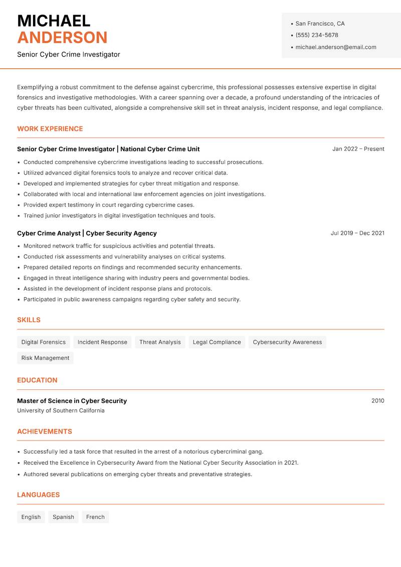 Cyber Crime Officer resume sample — Senior Cyber Crime Investigator focus