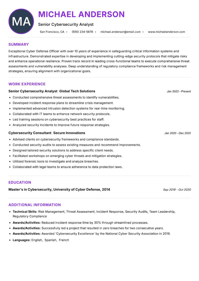 Cyber Defense Officer resume example