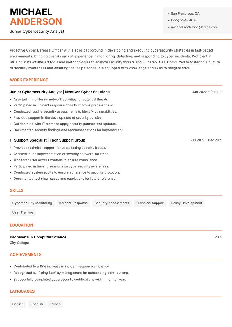 Cyber Defense Officer resume sample — Junior Cybersecurity Analyst focus