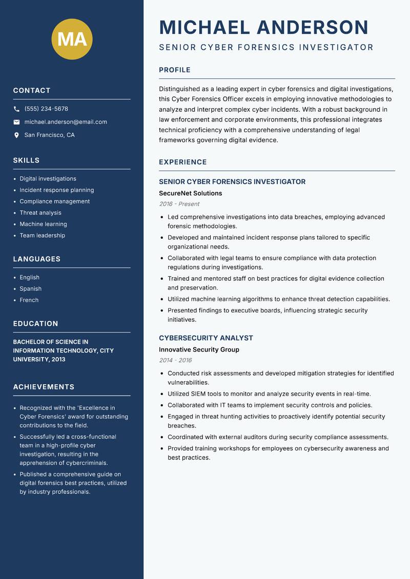 Cyber Forensics Officer resume sample — Senior Cyber Forensics Investigator focus