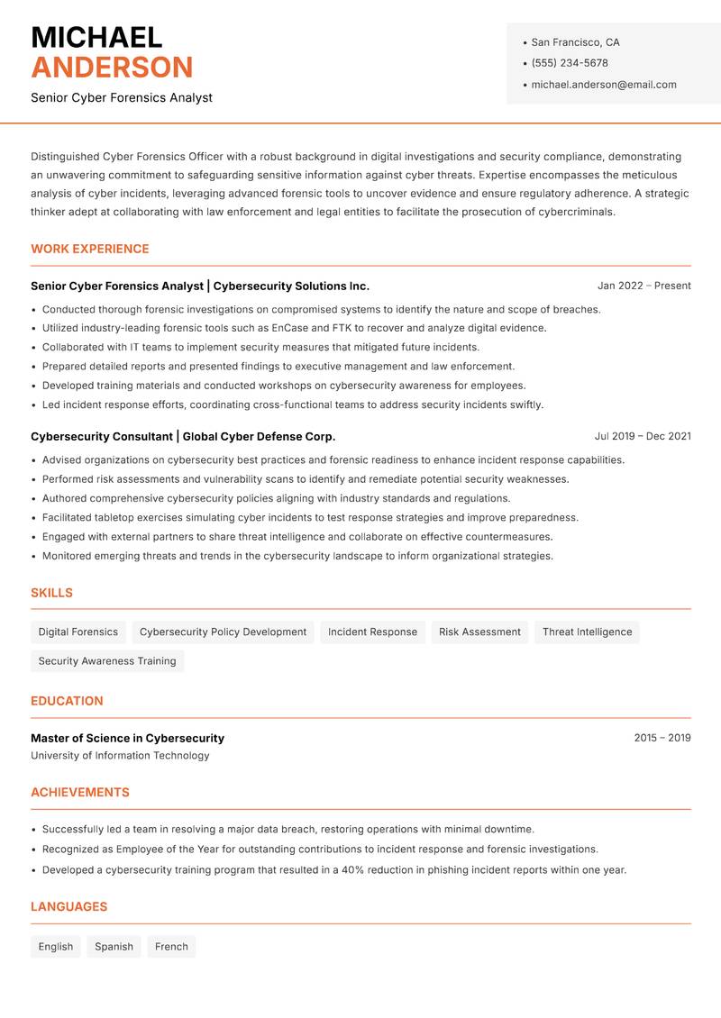 Cyber Forensics Officer resume sample — Senior Cyber Forensics Analyst focus