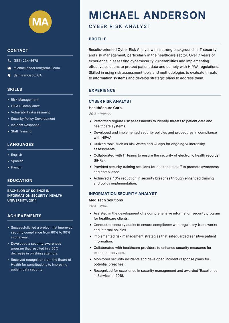 Cyber Risk Analyst resume sample — Cyber Risk Analyst focus