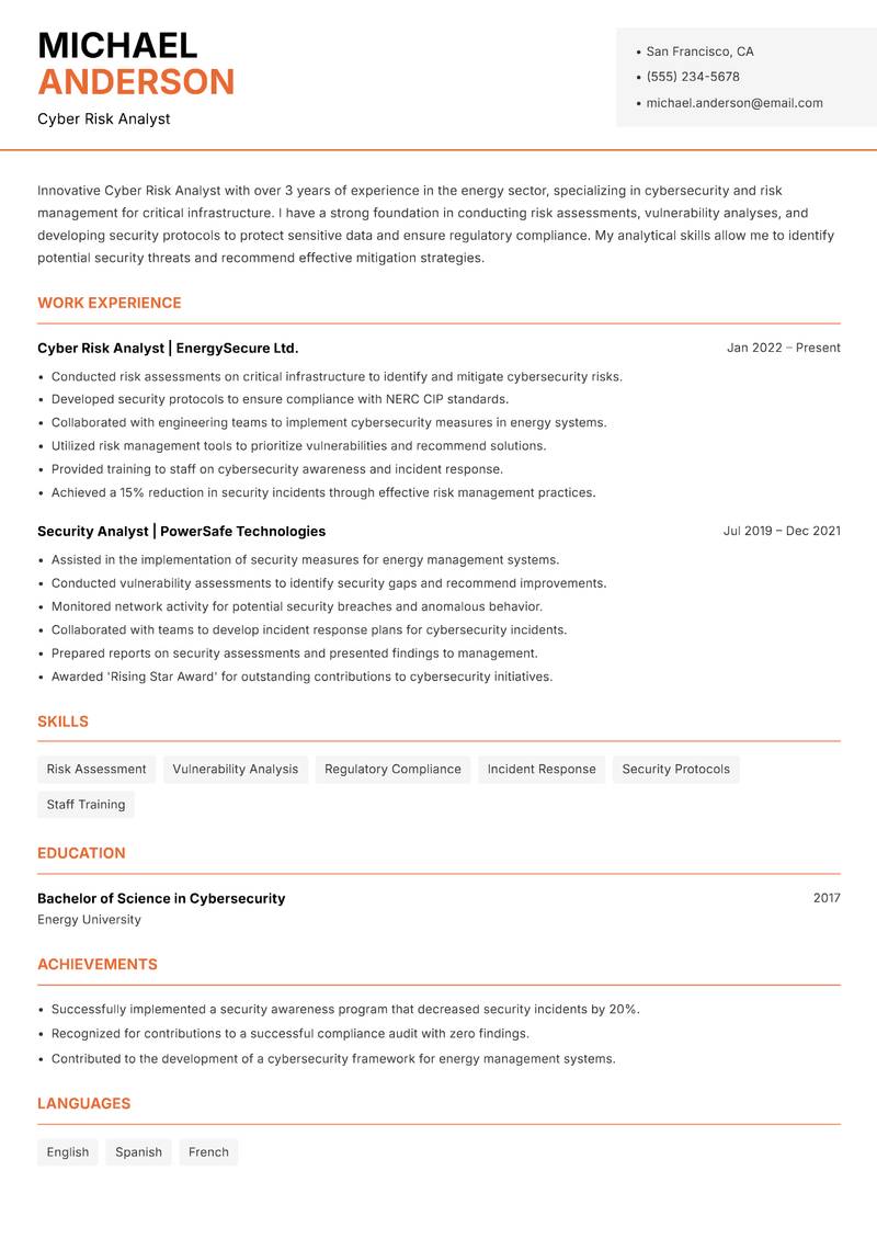 Cyber Risk Analyst resume sample — Cyber Risk Analyst focus