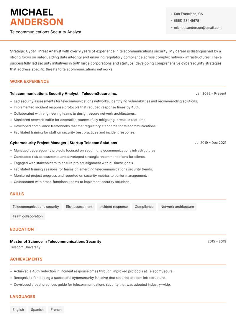 Cyber Threat Analyst resume sample — Telecommunications Security Analyst focus