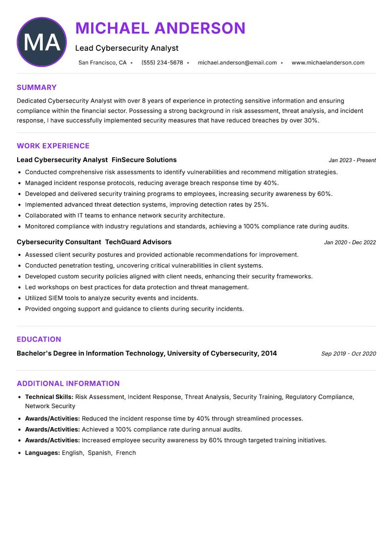 Cybersecurity Analyst resume example