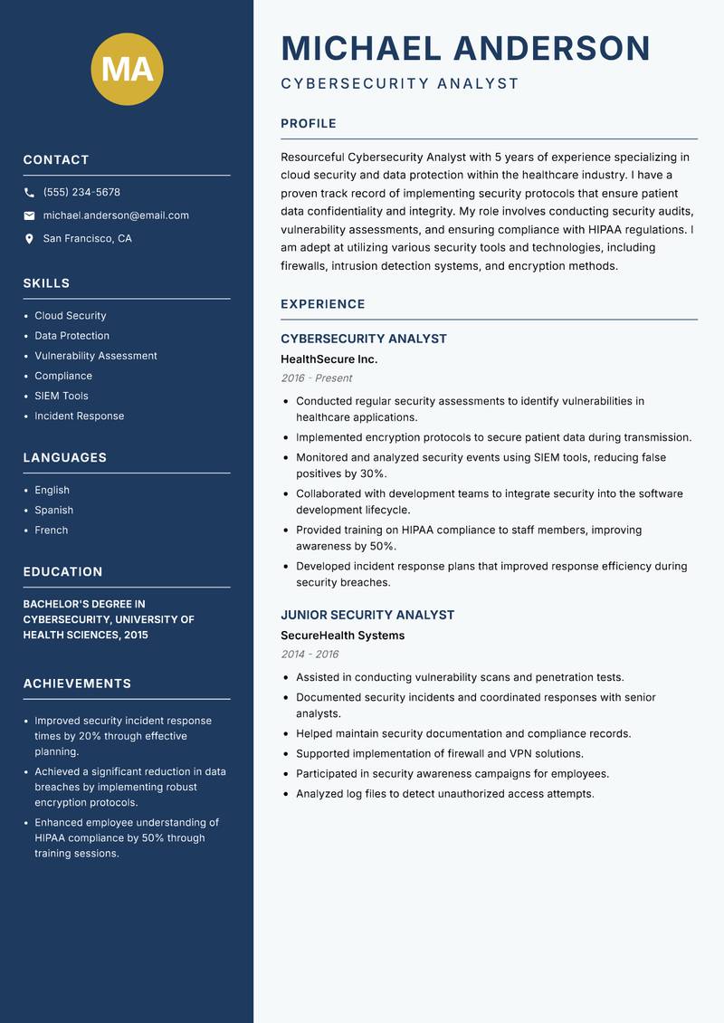 Cybersecurity Analyst resume sample — Cybersecurity Analyst focus