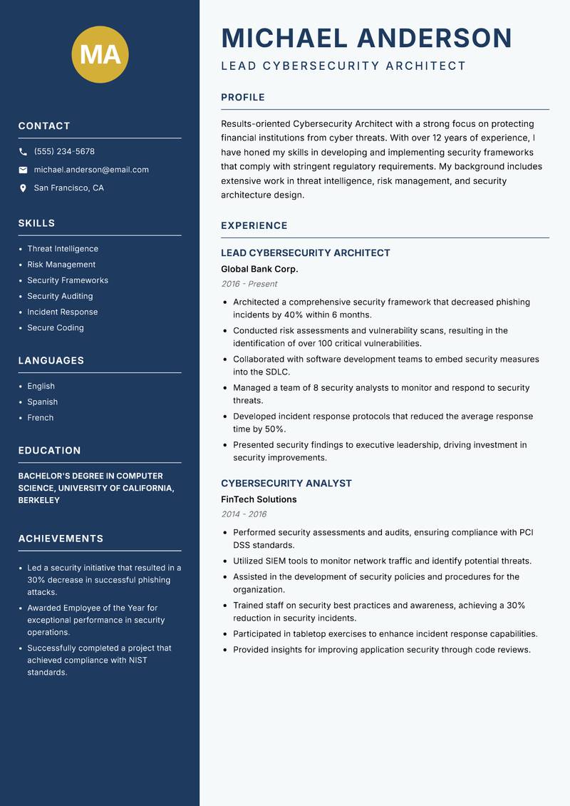 Cybersecurity Architect resume sample — Lead Cybersecurity Architect focus