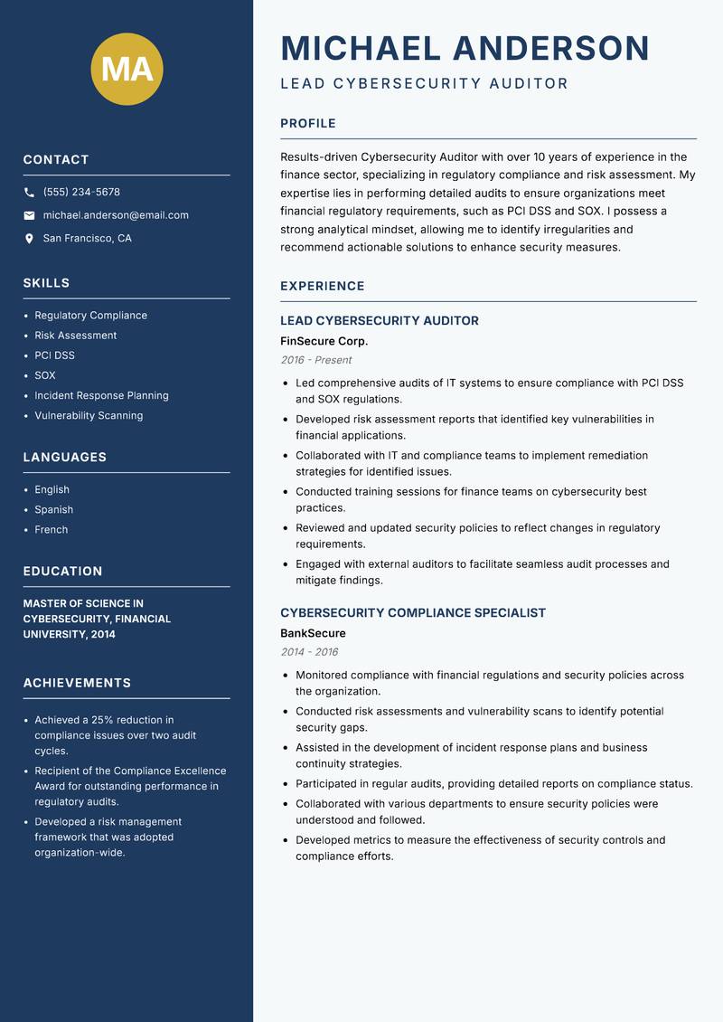 Cybersecurity Auditor resume sample — Lead Cybersecurity Auditor focus