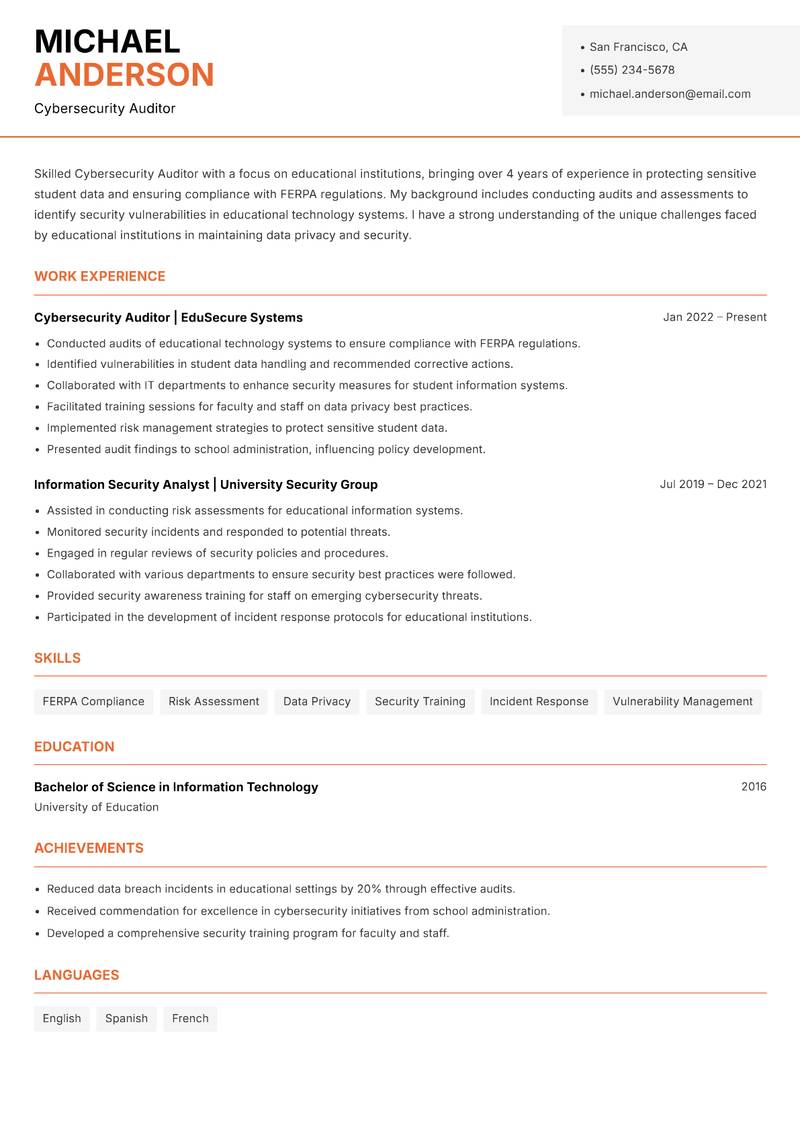 Cybersecurity Auditor resume sample — Cybersecurity Auditor focus