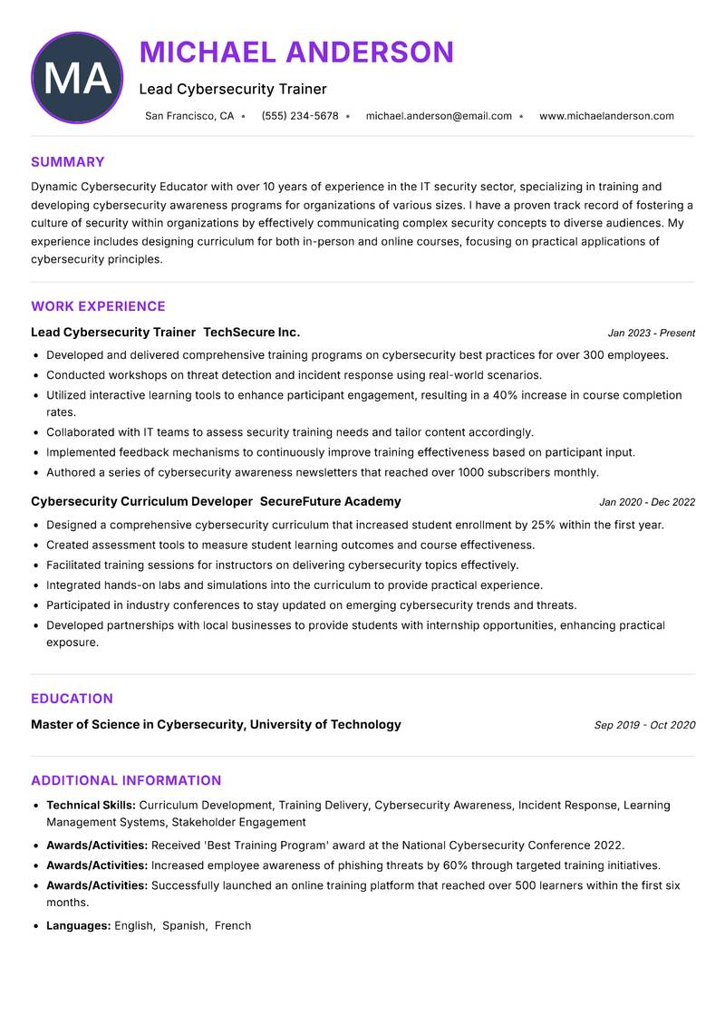 Cybersecurity Educator resume example
