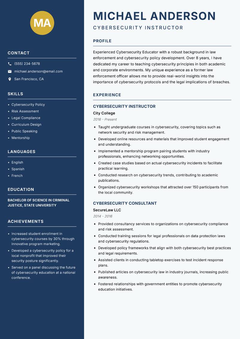 Cybersecurity Educator resume sample — Cybersecurity Instructor focus