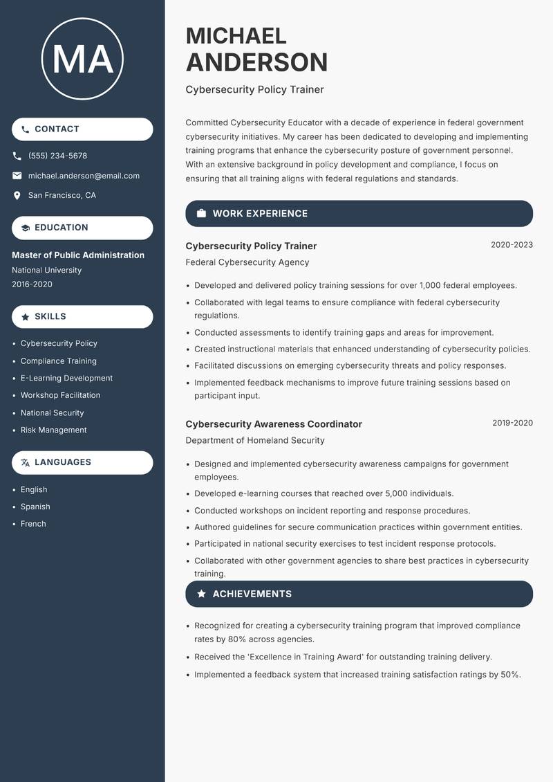 Cybersecurity Educator resume sample — Cybersecurity Policy Trainer focus