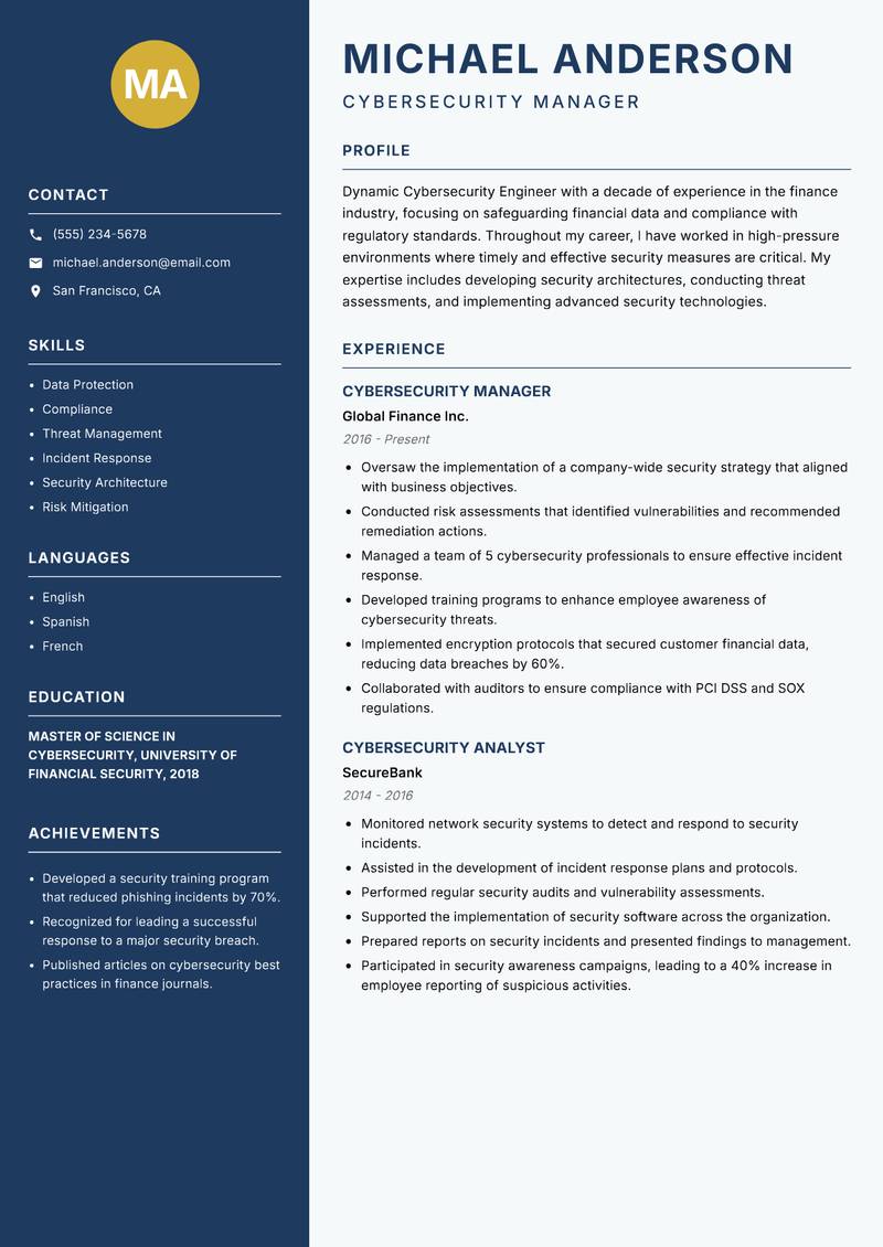 Cybersecurity Engineer resume sample — Cybersecurity Manager focus