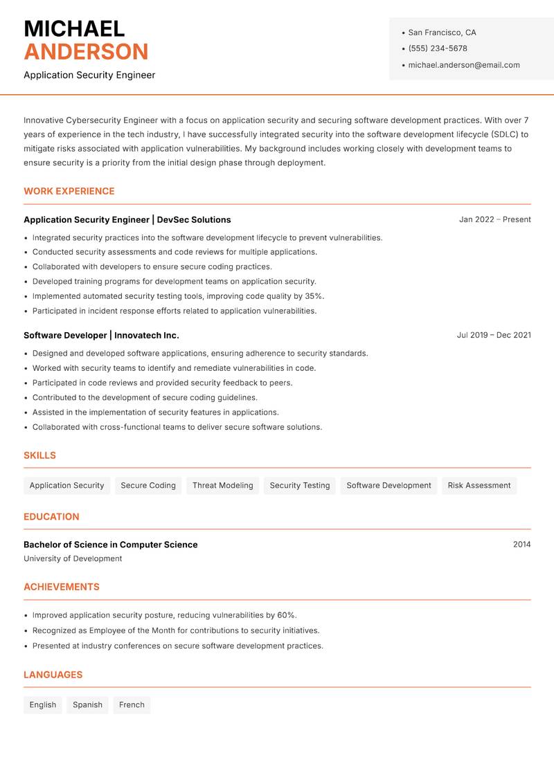 Cybersecurity Engineer resume sample — Application Security Engineer focus