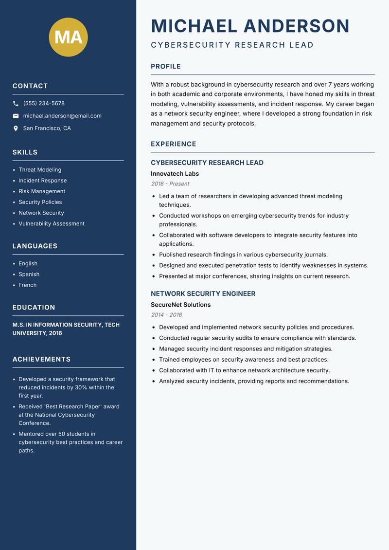 Cybersecurity Research Scientist resume sample — Cybersecurity Research Lead focus