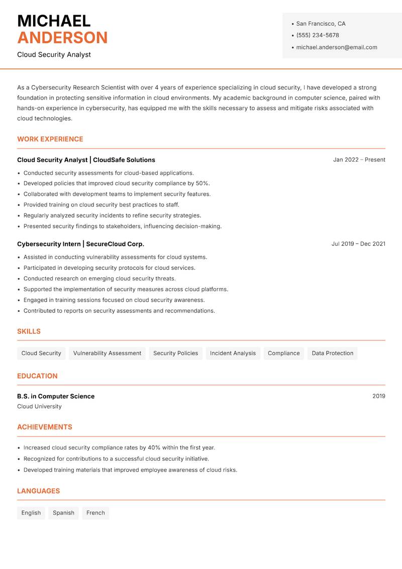Cybersecurity Research Scientist resume sample — Cloud Security Analyst focus