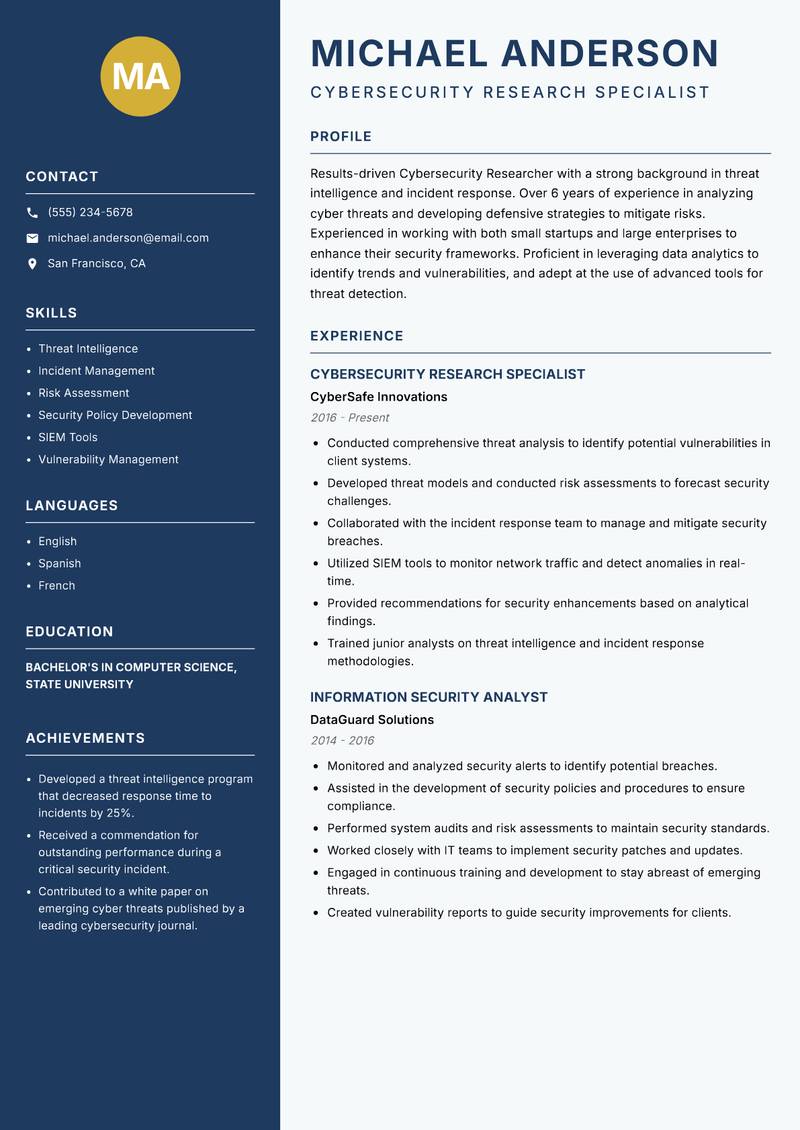Cybersecurity Researcher resume sample — Cybersecurity Research Specialist focus