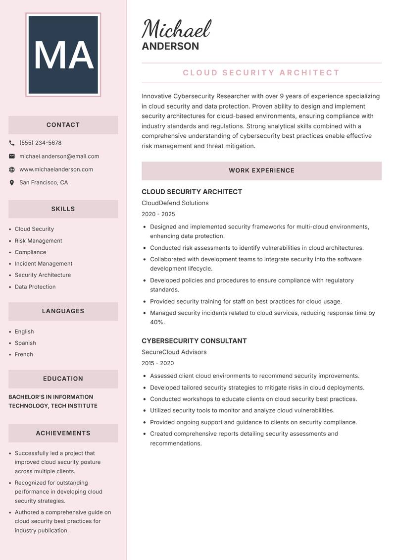 Cybersecurity Researcher resume sample — Cloud Security Architect focus