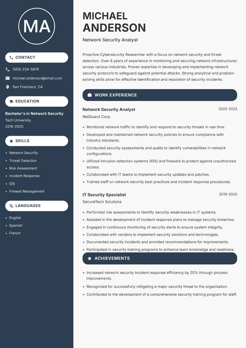 Cybersecurity Researcher resume sample — Network Security Analyst focus