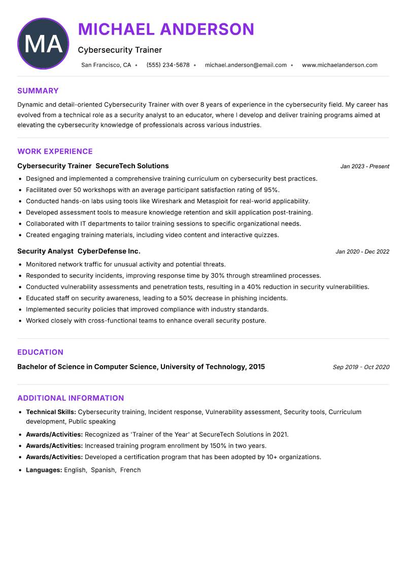 Cybersecurity Trainer resume example
