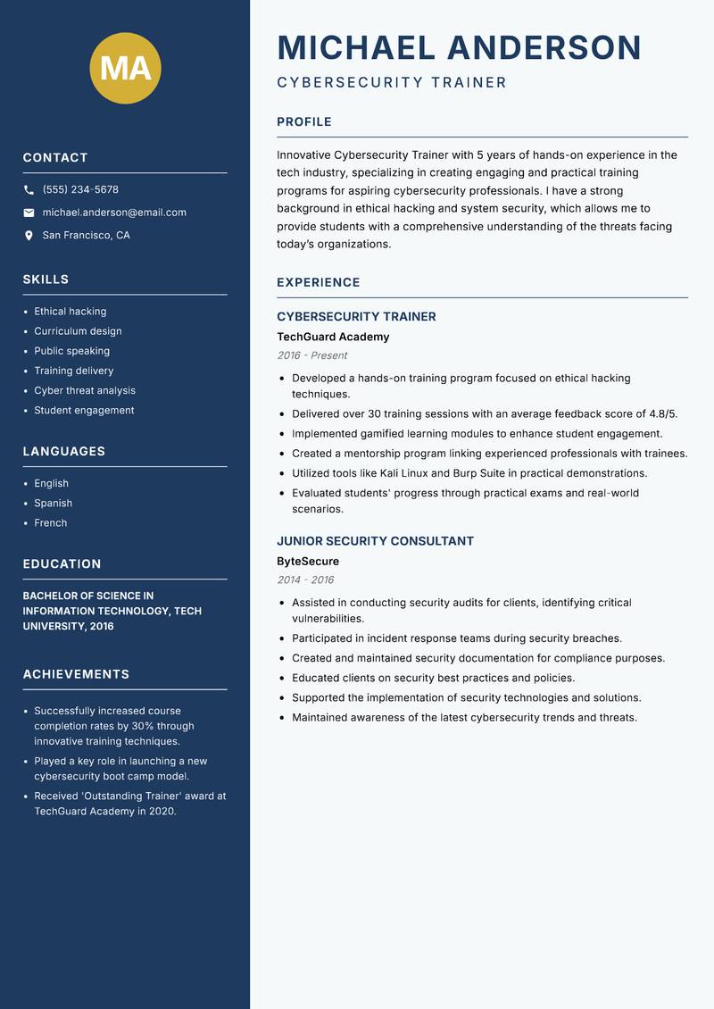Cybersecurity Trainer resume sample — Cybersecurity Trainer focus
