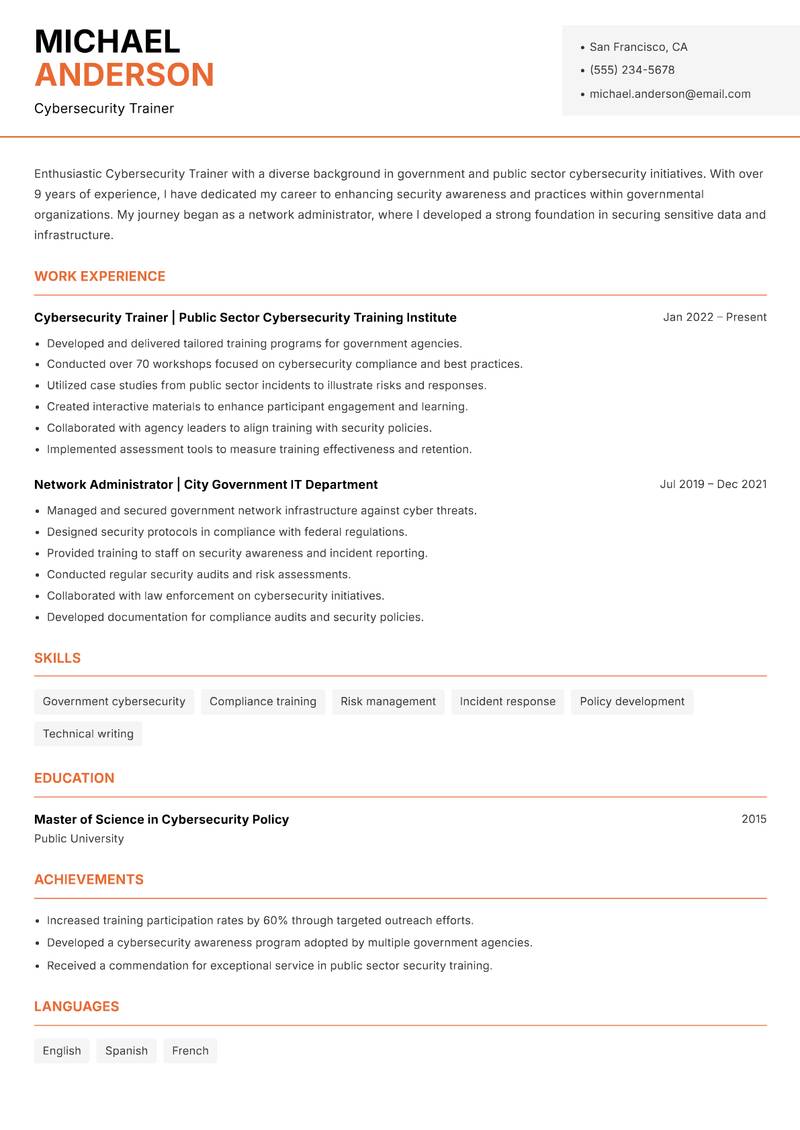 Cybersecurity Trainer resume sample — Cybersecurity Trainer focus
