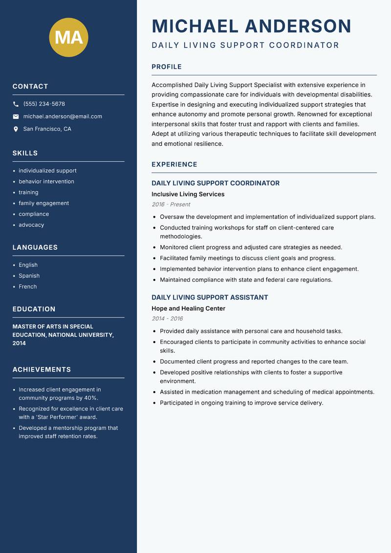 Daily Living Support Specialist resume sample — Daily Living Support Coordinator focus