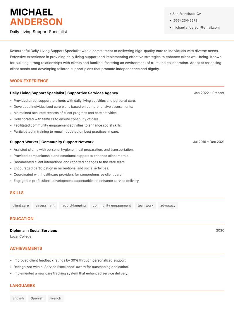Daily Living Support Specialist resume sample — Daily Living Support Specialist focus