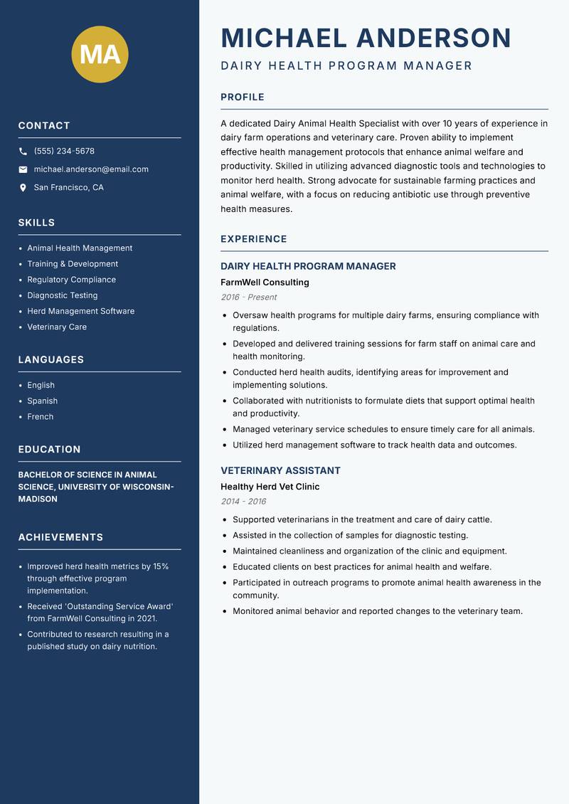 Dairy Animal Health Specialist resume sample — Dairy Health Program Manager focus