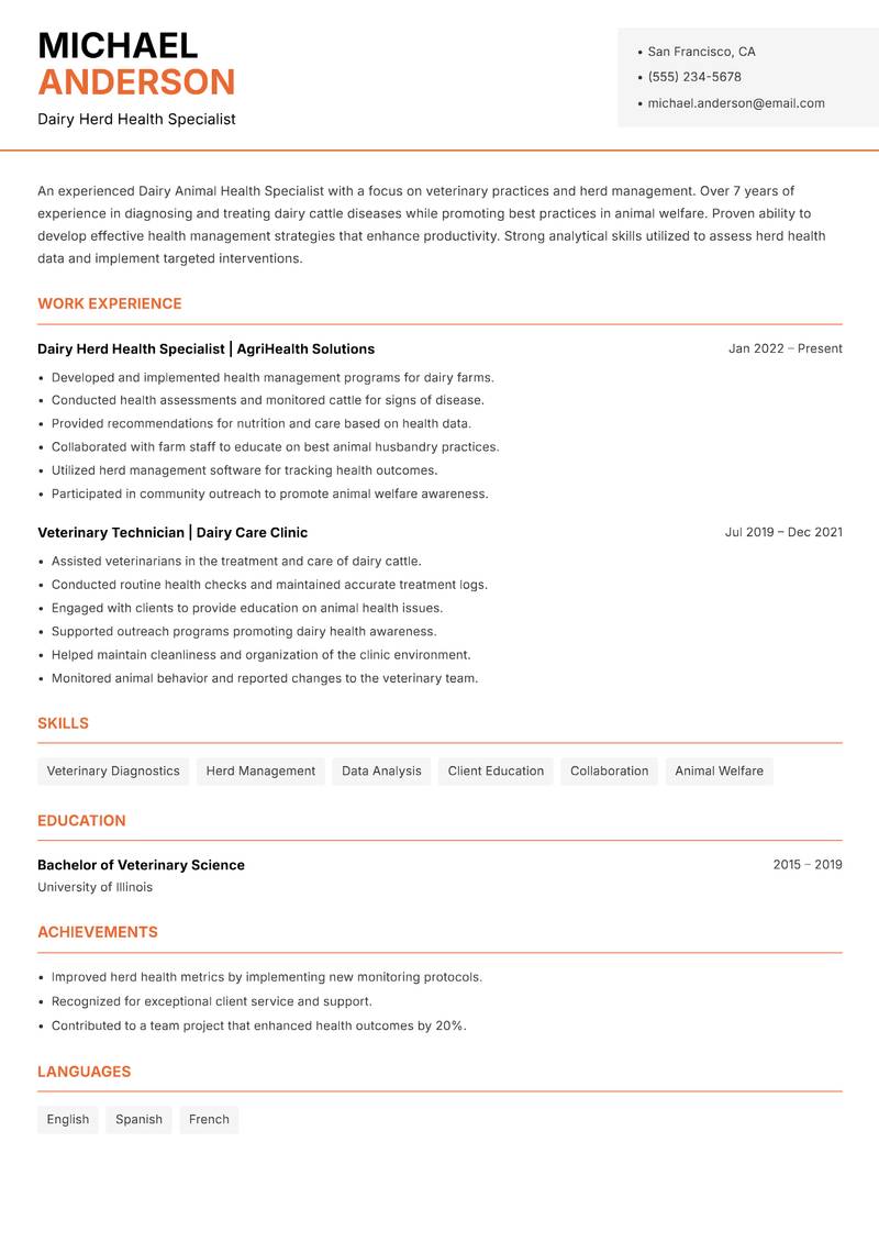 Dairy Animal Health Specialist resume sample — Dairy Herd Health Specialist focus