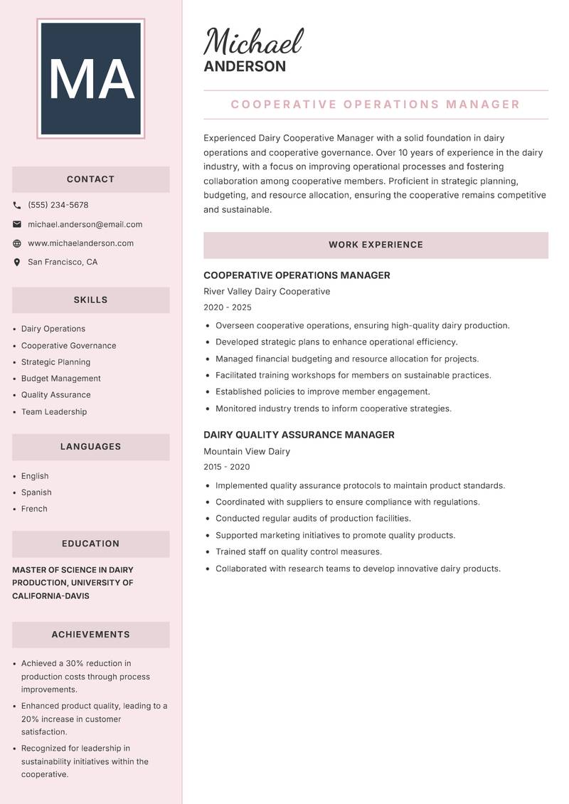 Dairy Cooperative Manager resume sample — Cooperative Operations Manager focus